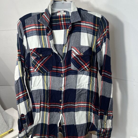 Thread & Supply LARGE Flannel shirt Button Up Blue Red Collared roll tab sleeve - Picture 1 of 14